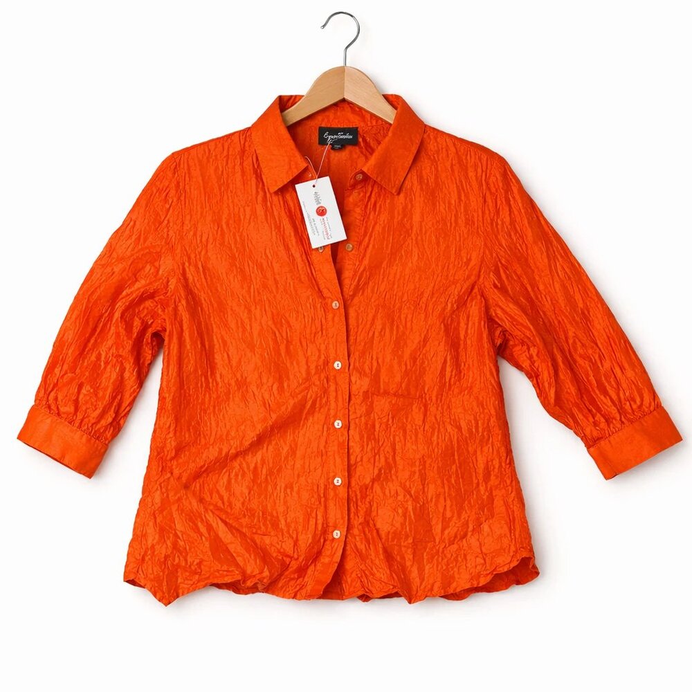 Lynn Ritchie Silk Crinkle Button-Up Blouse – Paprika Orange – Size 1X – NWT
